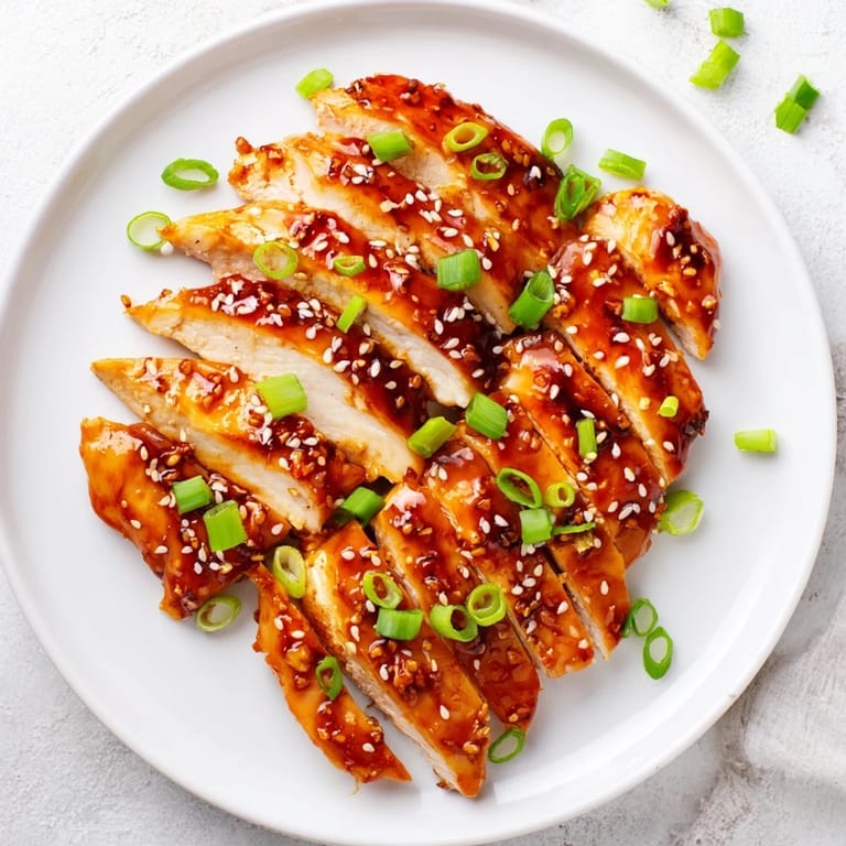 Beautifully sliced Sweet and Spicy Sriracha Honey Chicken, served hot, glazed with a fragrant, sticky sauce.