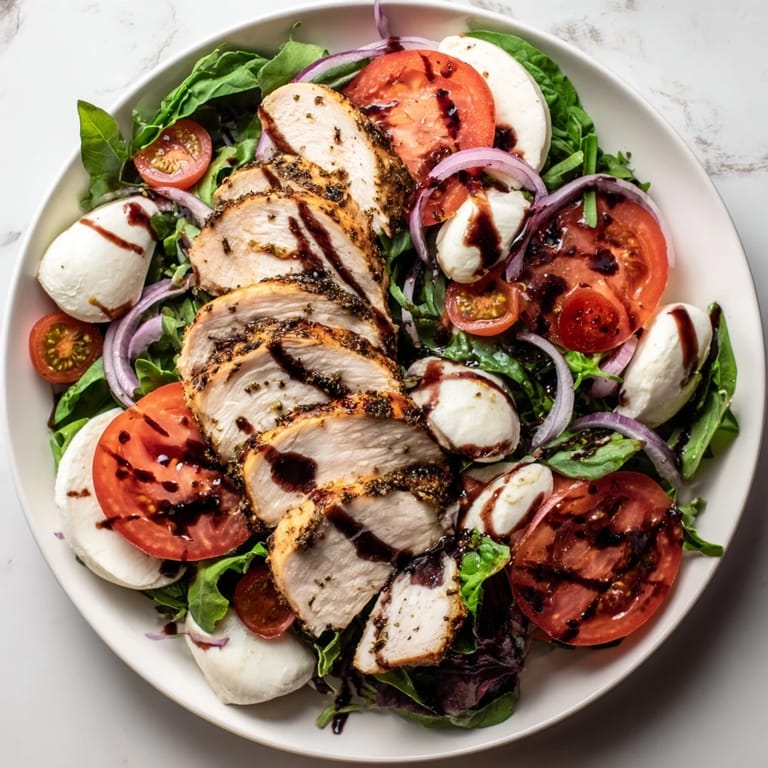 This Caprese Chicken Salad features vibrant basil and balsamic glaze, ready to tantalize your tastebuds.