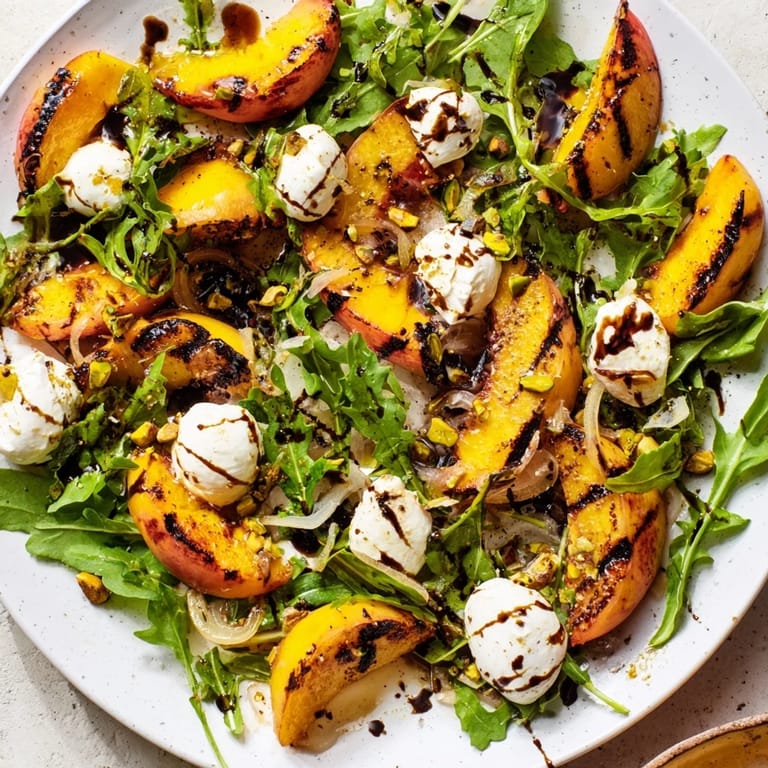 Fresh Grilled Peach Salad featuring arugula and burrata, perfect for a summer lunch or dinner.