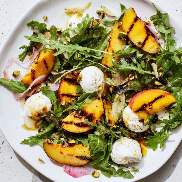 This vibrant Grilled Peach Salad with juicy peaches and creamy cheese is ready to enjoy.