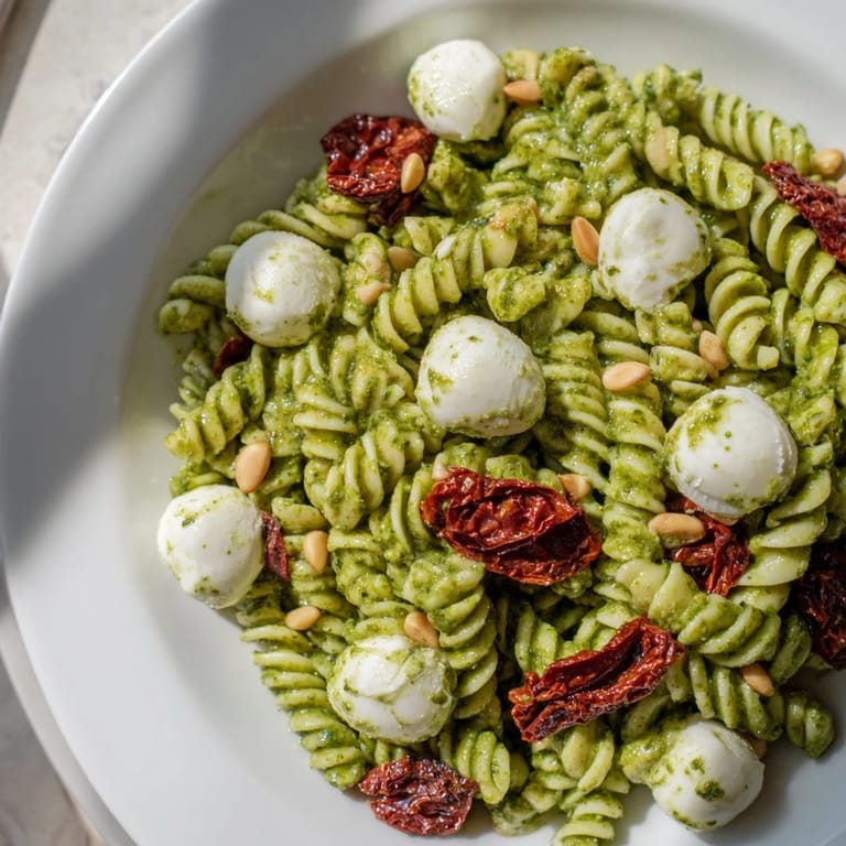 A close-up of a delightful Pesto Pasta Salad shows fresh basil pesto coating the pasta perfectly.