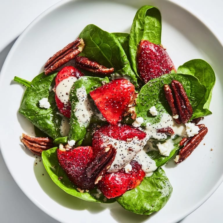 Delicious, colorful strawberry spinach salad, a summer meal with candied pecans on top.
