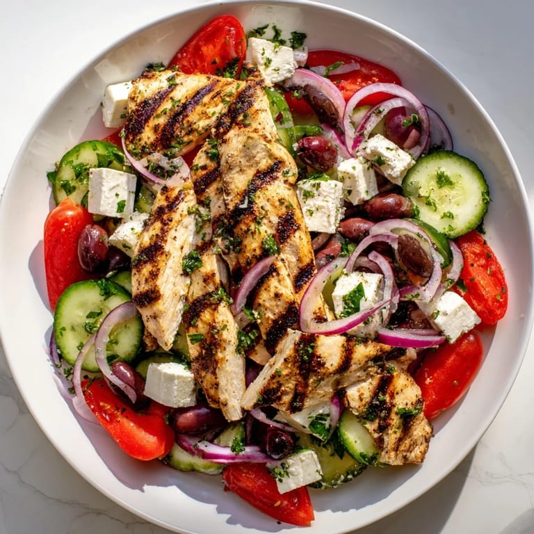 A refreshing Greek salad with grilled chicken, showcasing juicy tomatoes and creamy feta cheese, ready to eat.