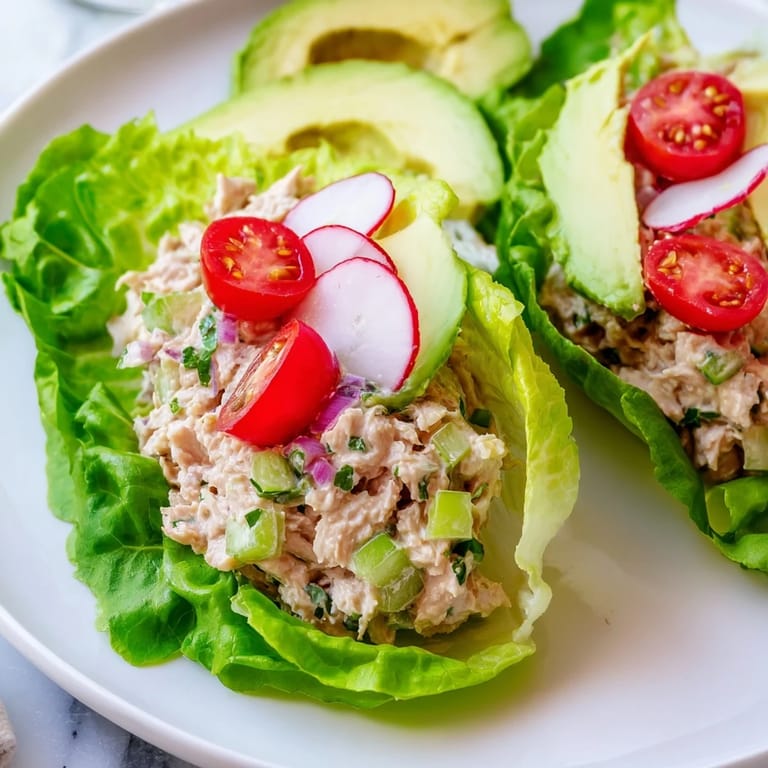 Enjoy a refreshing plate of tuna salad lettuce wraps, ideal for a quick, healthy, low-carb meal.