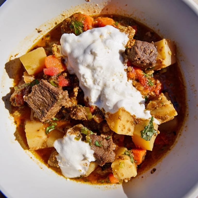 Rich, savory Yemeni Saltah stew with tender meat and vegetables, ready to be enjoyed with flavorful bread.