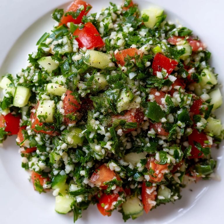 Cool, healthy Lebanese Tabbouleh Salad served, a vegan Middle Eastern dish bursting with flavor and freshness.