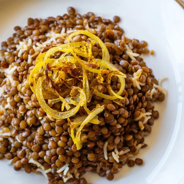 Golden caramelized onions cascade over a comforting plate of Lebanese Mjadra, ready to enjoy.