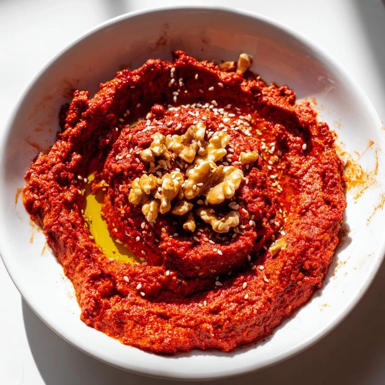 Close-up of rich, flavorful Syrian Muhammara dip ready to be enjoyed as a tasty appetizer.
