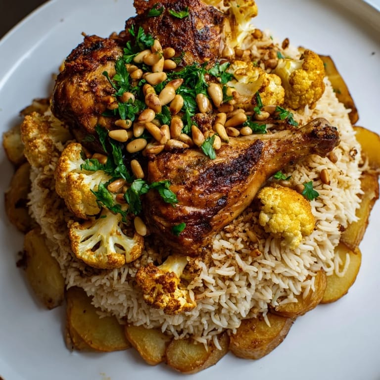 This vibrant photo shows a delicious inverted Maklouba, with tender chicken and fluffy spiced rice layers.