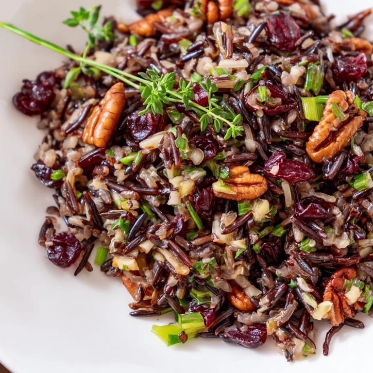 Close-up of Wild Rice Harvest Salad with crisp apples, green onions, and a light vinaigrette drizzle over the grains.