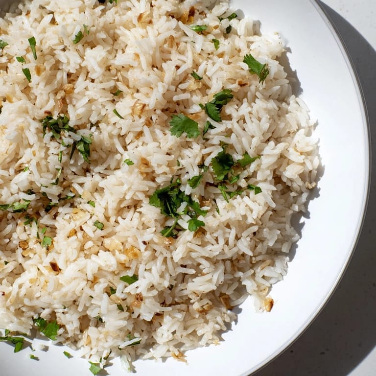 The steam rises from tender jasmine rice, garnished with fresh cilantro and infused with aromatic garlic.