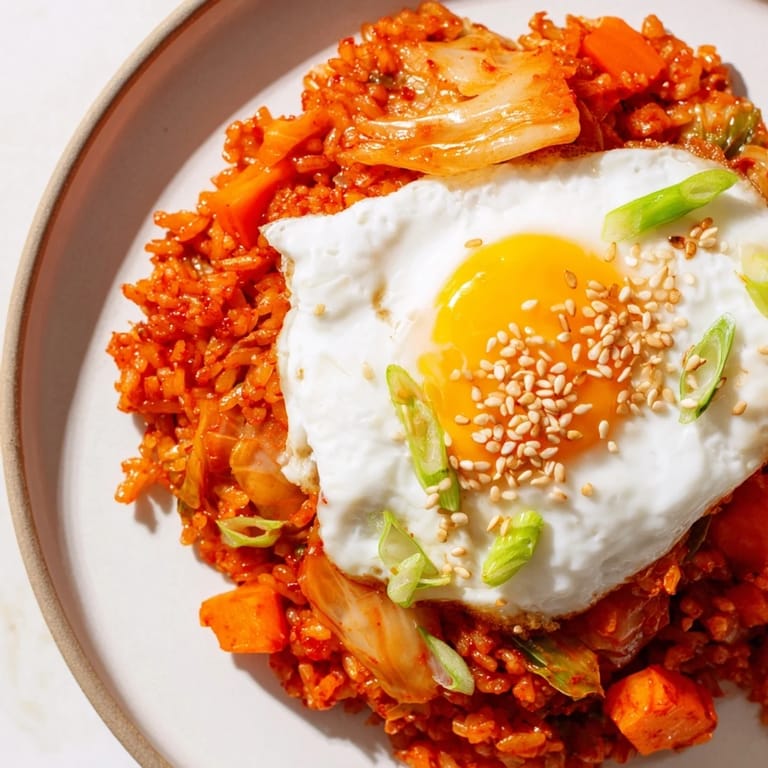 Kimchi fried rice steams in a deep bowl, paired with crisp cucumber slices and a small dish of kimchi on the side.