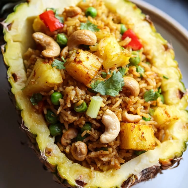 Colorful Thai-inspired Pineapple Fried Rice topped with scallions and cilantro, served in a carved pineapple with lime wedges.