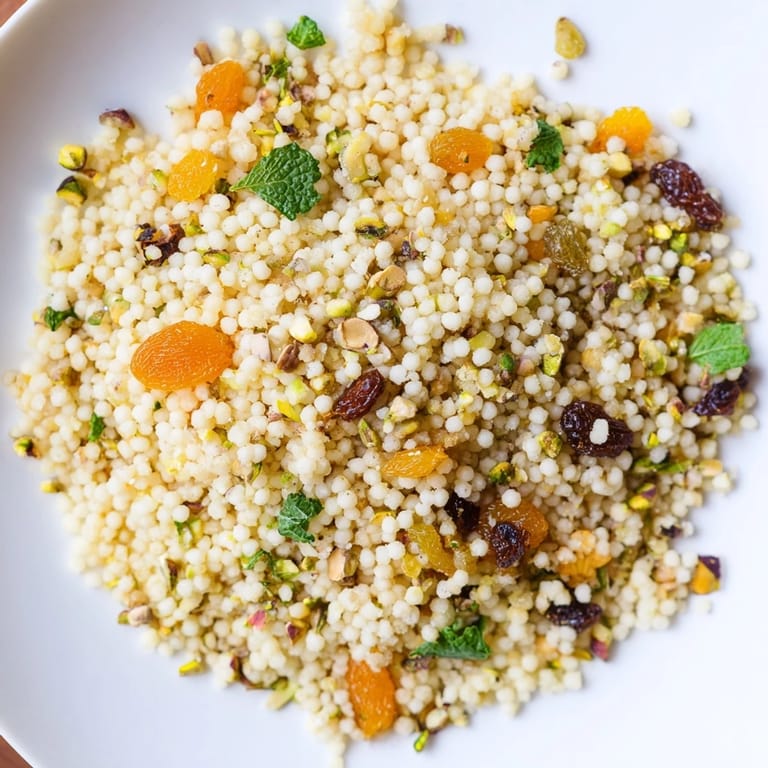 Colorful Spiced Couscous Pilaf with chopped apricots and pistachios, fluffed with a fork and ready to enjoy as a vegetarian side.