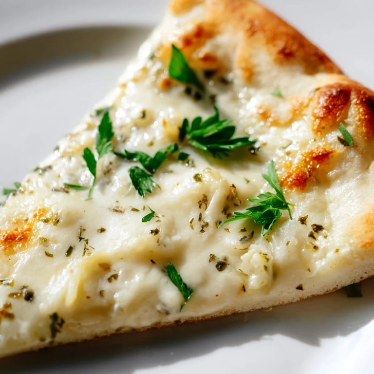 A slice of Creamy Garlic White Pizza on a wooden board, topped with fresh parsley and ready to serve hot.  