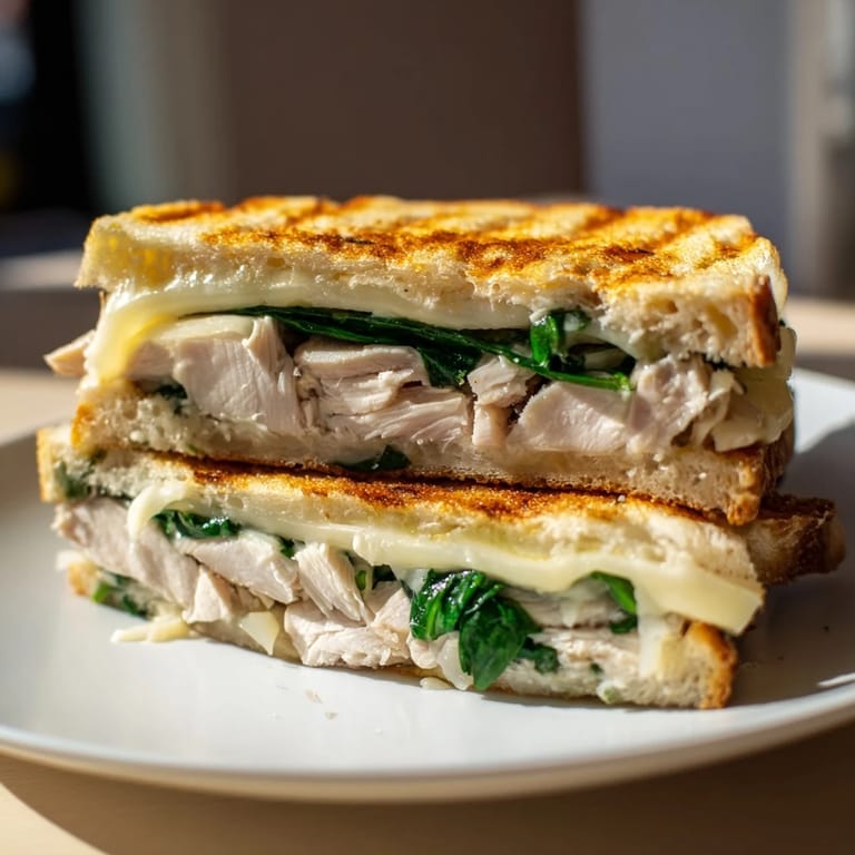 Close-up of a warm Grilled Chicken Spinach Panini with crusty Italian bread, gooey cheese, and vibrant green spinach leaves for a savory lunch.  