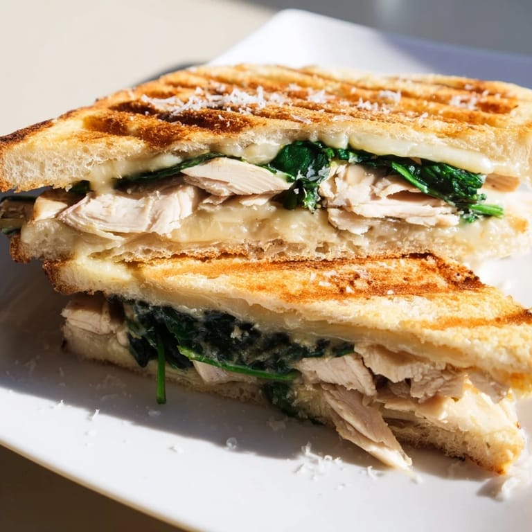 A rustic wooden board holds a freshly pressed Grilled Chicken Spinach Panini, steaming slightly and served with a simple side salad.