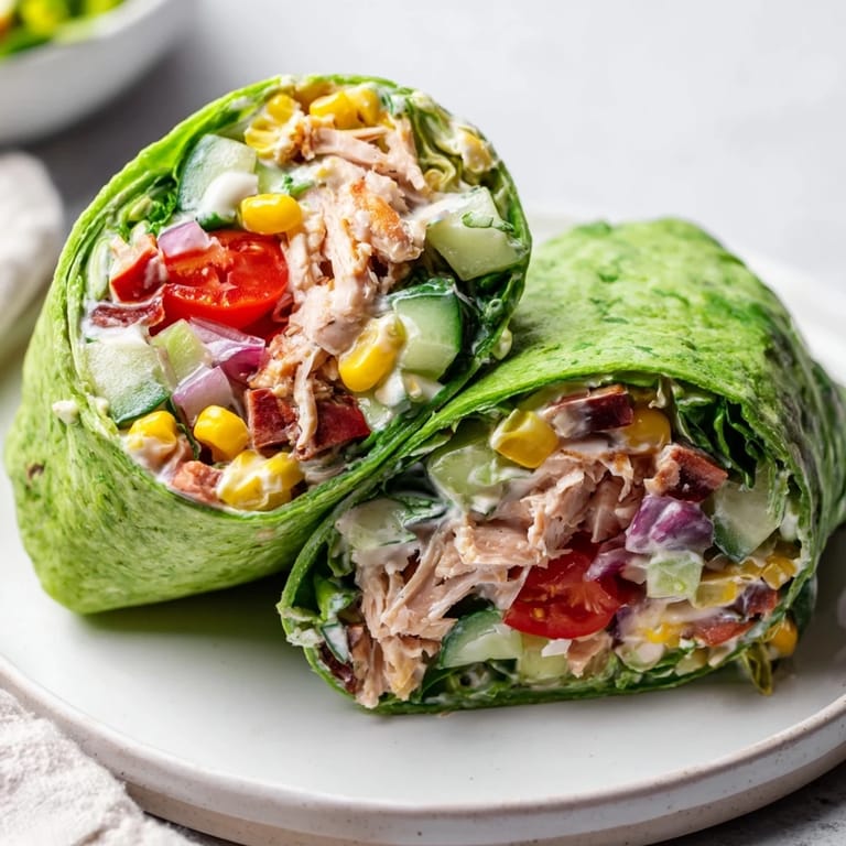 Sliced in half to reveal the colorful layers, this BBQ Chicken Salad Wrap is garnished with fresh lime and a side of corn for a complete meal.