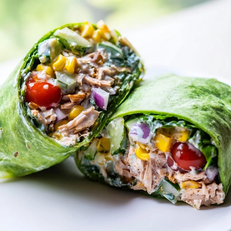 Perfectly rolled and ready to eat, the BBQ Chicken Salad Wrap features grilled chicken, smoky BBQ sauce, and crunchy cucumbers in a soft green spinach tortilla.