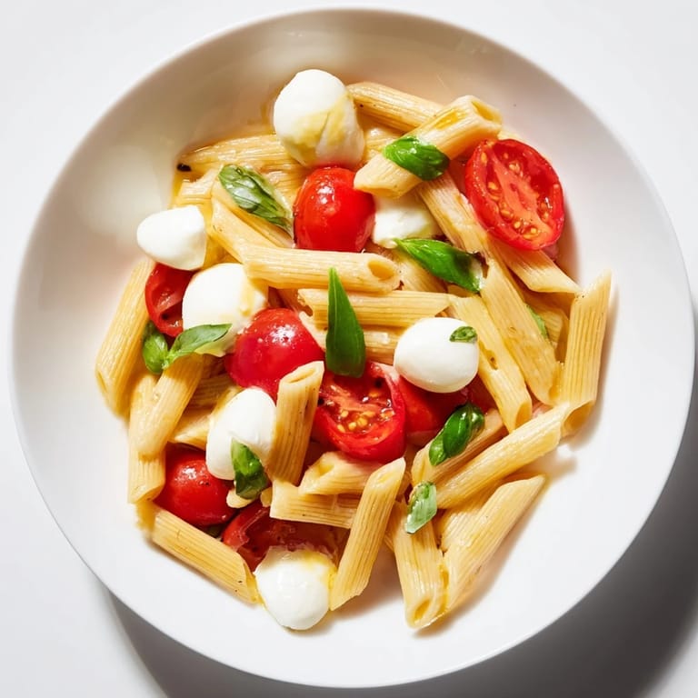 The vibrant Caprese Salad Pasta is tossed with fresh basil leaves and served in a rustic ceramic bowl for a light lunch.  