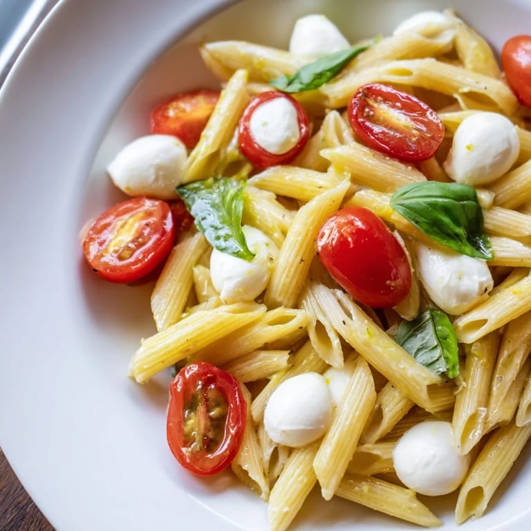 Plate of Caprese Salad Pasta featuring colorful cherry tomatoes, creamy mozzarella pearls, and torn basil leaves, finished with balsamic glaze.