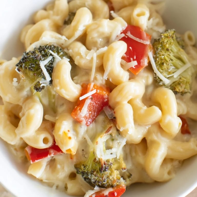A hearty bowl of Roasted Veggie Mac & Cheese garnished with fresh parsley, showcasing tender broccoli florets and cherry tomatoes nestled in cheesy goodness.  