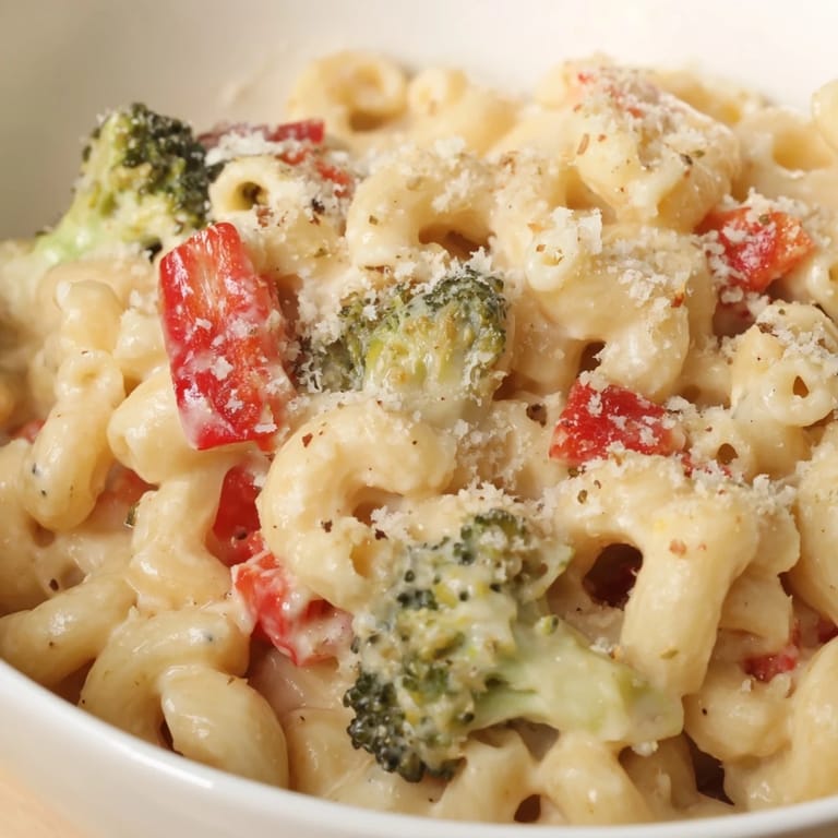 This comforting Roasted Veggie Mac & Cheese recipe is plated with a golden baked topping, ready to serve alongside a crisp green salad.