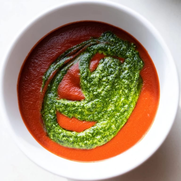 A ladle pours velvety tomato soup topped with fresh basil pesto, paired with a grilled cheese.