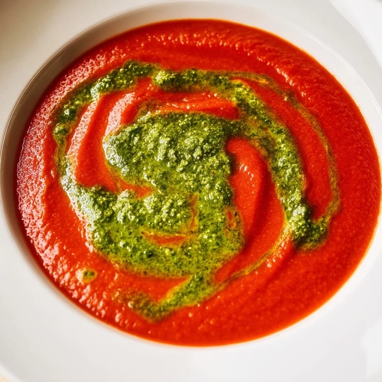 Hot tomato soup with basil pesto swirl next to crusty bread on a wooden table.