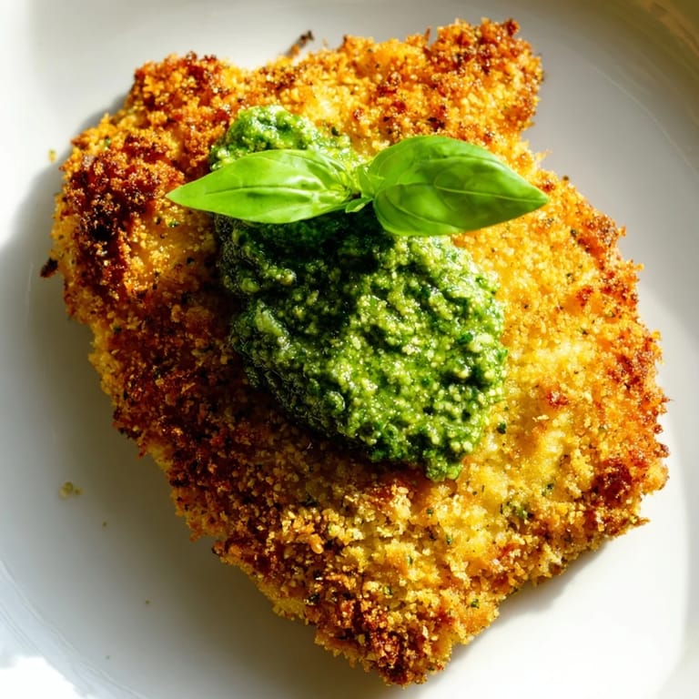 Crispy Pesto Chicken Cutlets arranged on a white platter, golden and sizzling, topped with a dollop of fresh basil pesto.