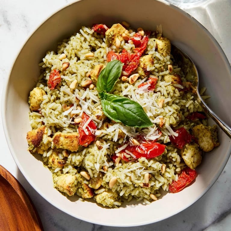 Delicious Chicken Pesto Rice Bowl garnished with fresh basil and pine nuts, perfect for an easy weeknight dinner.