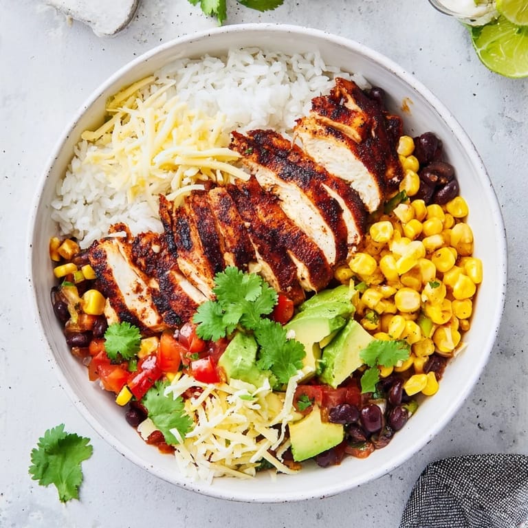 A vibrant Spicy Chicken Burrito Bowl featuring charred chicken, cilantro-lime rice, black beans, corn, and creamy avocado in each bite.