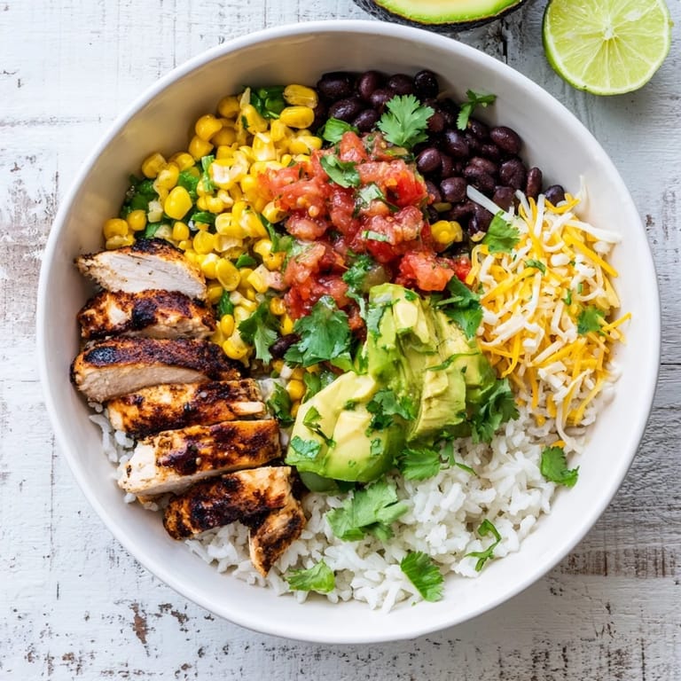 Serving suggestion for Spicy Chicken Burrito Bowl: warm rice topped with spicy chicken, black beans, corn, salsa, and shredded cheese.