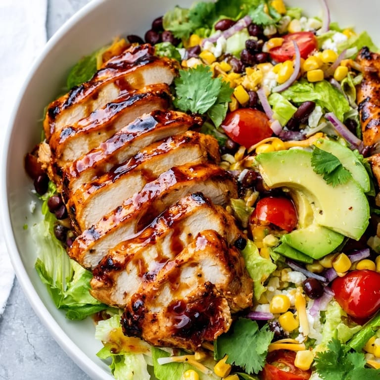 A vibrant honey lime chicken taco salad garnished with avocado, red onion, and crunchy tortilla strips.
