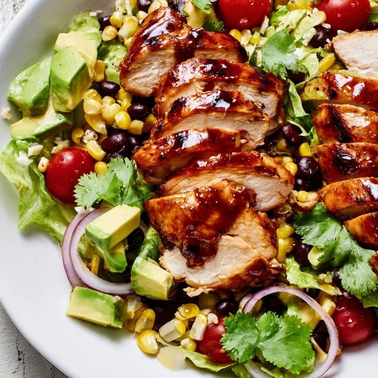 Savory honey lime chicken taco salad drizzled with dressing, featuring cherry tomatoes and fresh cilantro.