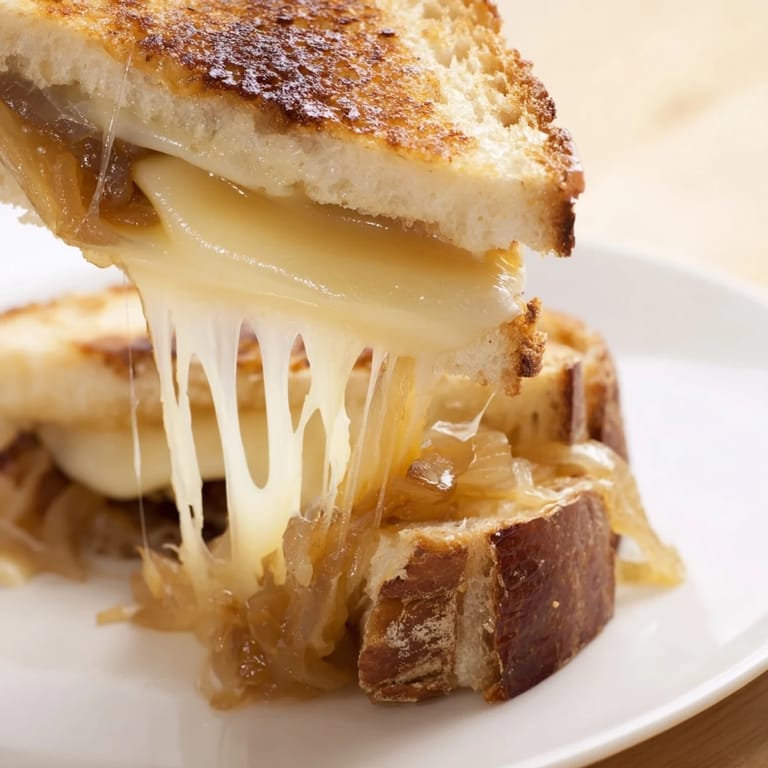 A rustic grilled cheese sandwich with caramelized onions and Gruyère, ready to be dipped in creamy tomato soup.