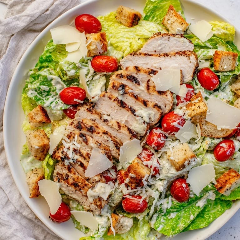 Bright, refreshing flavors of tangy yogurt Caesar dressing and grilled chicken top vibrant romaine and cherry tomatoes in this quick, easy dinner salad.