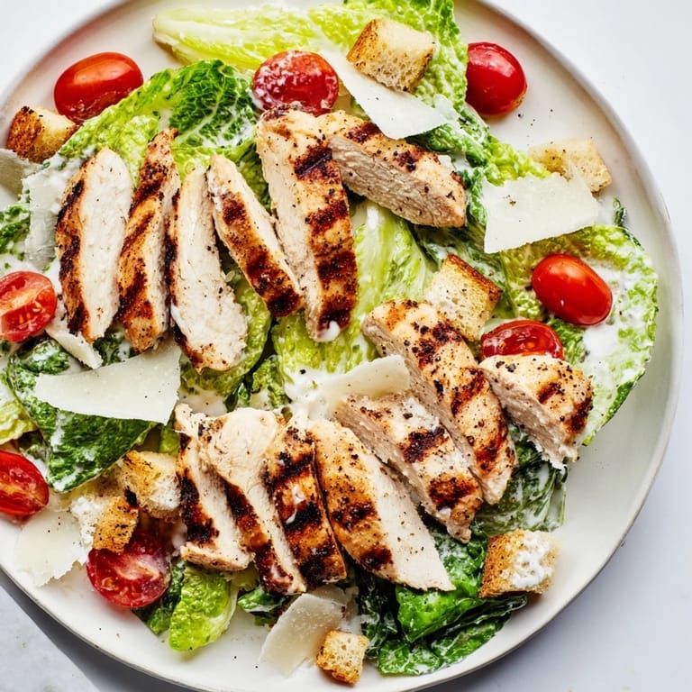 Hearty Yogurt Caesar Grilled Chicken Salad features tender chicken, shaved Parmesan, and crunchy croutons, served fresh as a protein-packed American lunch option.
