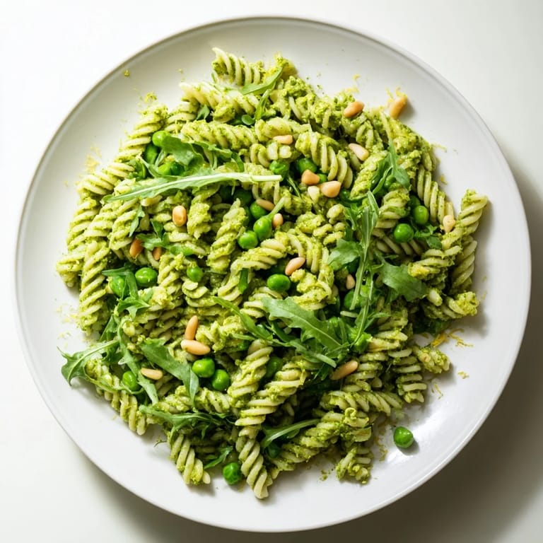 A generous bowl of homemade Spring Green Pesto Pasta Salad featuring basil, peppery greens, and toasted pine nuts.