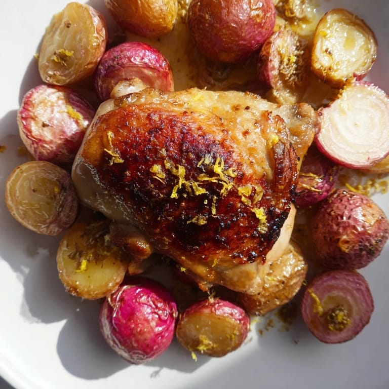 One-pan Roasted Radish & Chicken Sheet Pan dinner with roasted vegetables and pan juices for serving.