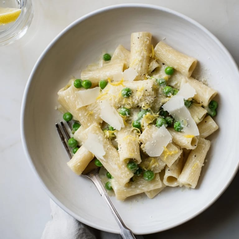 A vibrant bowl of Pea & Lemon Ricotta Pasta topped with fresh basil and grated Parmesan, ready for a quick vegetarian dinner.