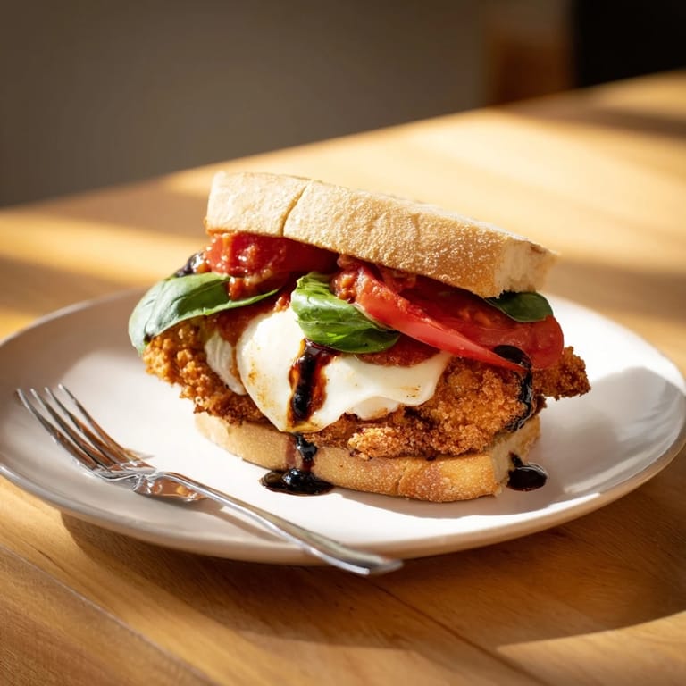 Crispy Chicken Caprese Sandwich stacked with ripe tomatoes, mozzarella, and basil on crunchy ciabatta, drizzled with balsamic glaze.