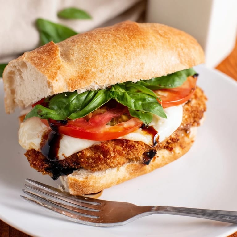Freshly assembled Crispy Chicken Caprese Sandwich featuring golden chicken, creamy mozzarella, ripe tomato, and basil on a toasted roll.