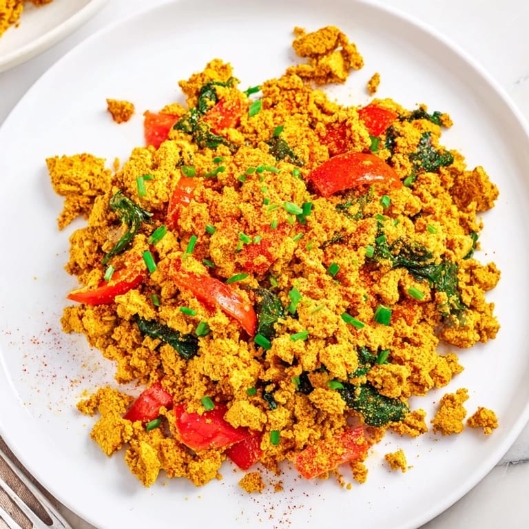 Hearty plant-based tofu scramble garnished with fresh chives, served alongside toast and avocado for a complete meal.  