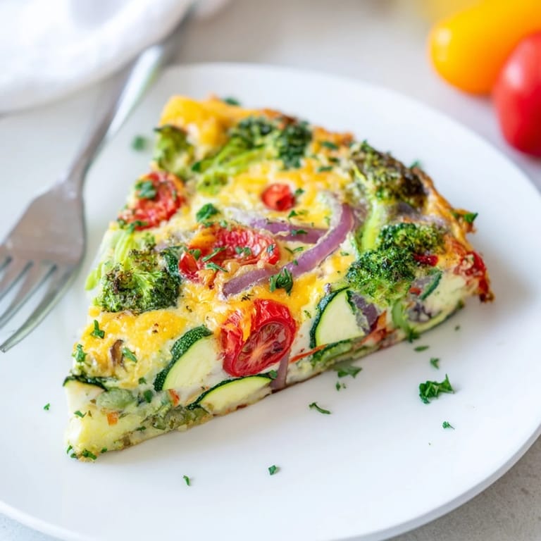 Slice of golden Vegetable Frittata served with a side salad, showcasing zucchini and cherry tomatoes.