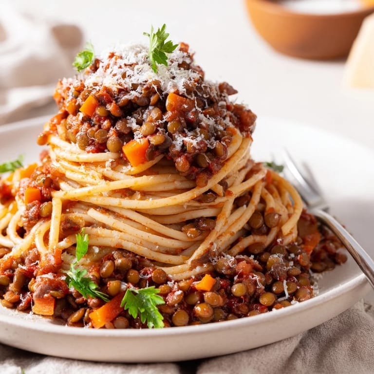 Hearty Lentil Bolognese sauce simmering in a pot, featuring red lentils and a rich tomato base for a wholesome meal.  