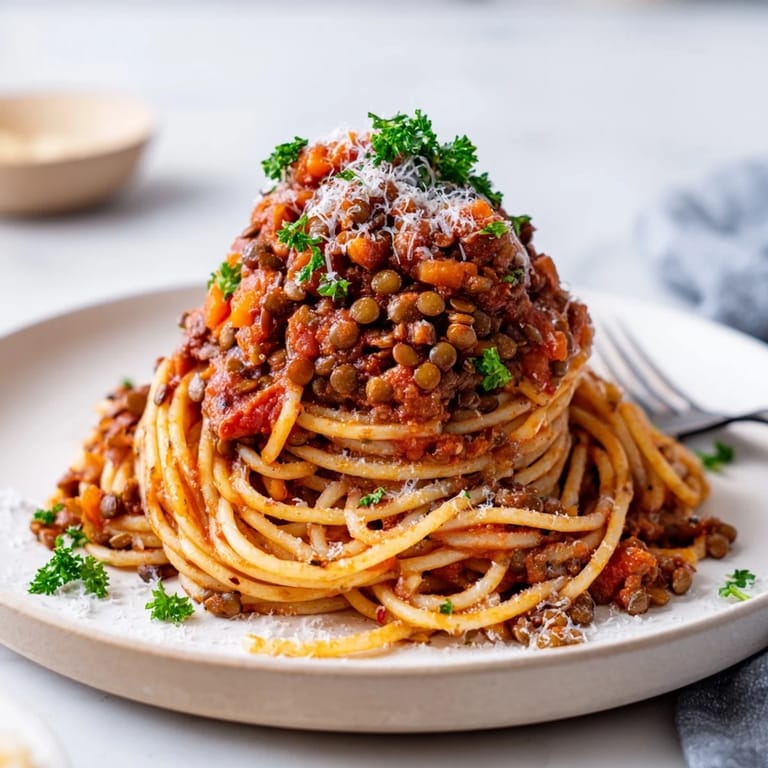 A plate of Lentil Bolognese pasta topped with fresh parsley, showcasing the thick, savory sauce ready for dinner.