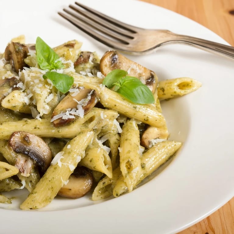 Steaming skillet of Mushroom Pesto Pasta with penne and parmesan, highlighting the rich, velvety sauce and tender mushrooms.