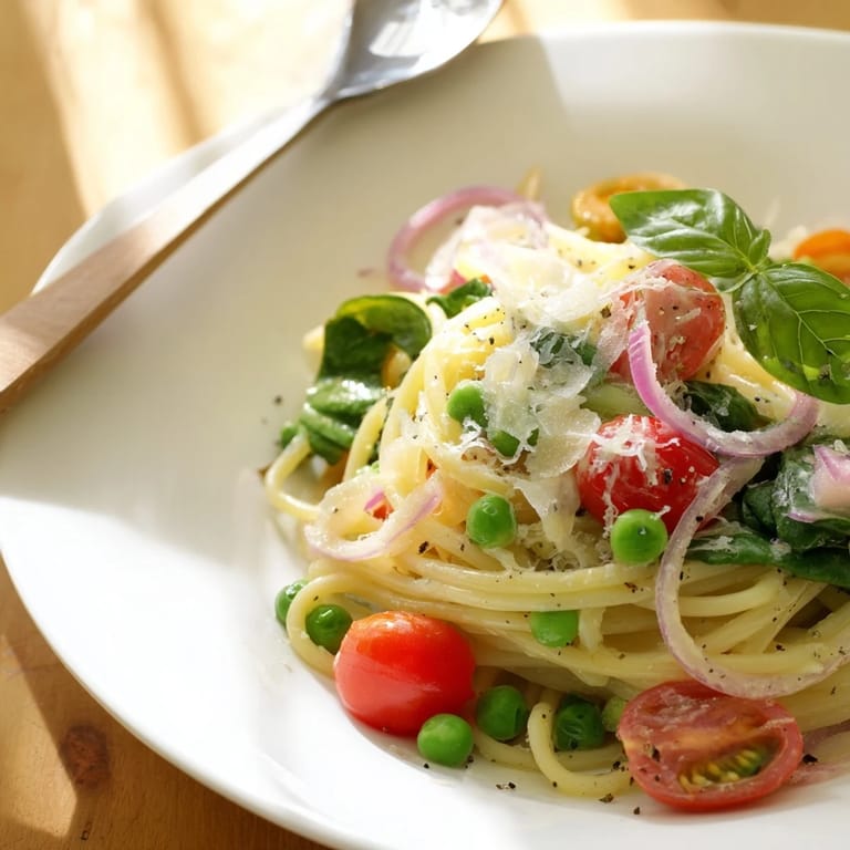 Plated Spring Veggie One-Pot Spaghetti featuring al dente noodles, tender greens, and a zesty lemon finish.
