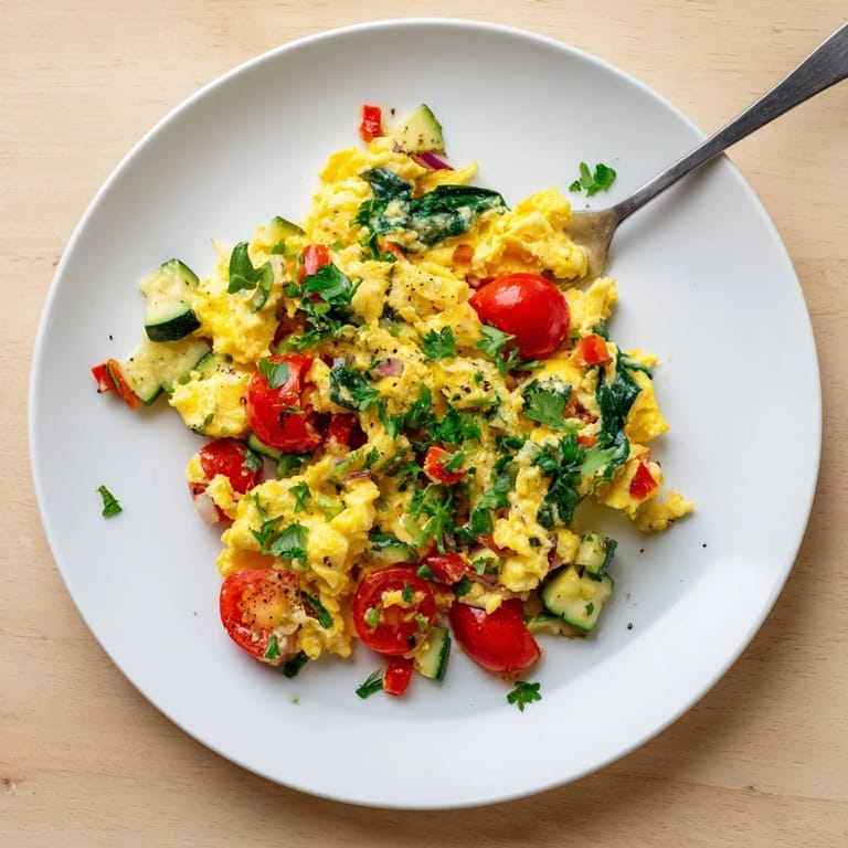 Golden, soft-scrambled eggs mixed with diced zucchini and cherry tomatoes in this easy, healthy breakfast dish.